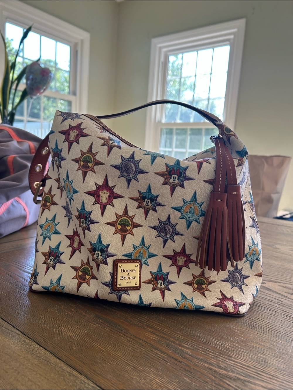 Dooney & Bourke White Multi-Color Mickey Star Print Hobo with Brown Tassel